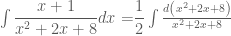 \int {\dfrac{{x + 1}}{{x^2  + 2x + 8}}dx = } \dfrac{1}{2}\int {\frac{{d\left( {x^2  + 2x + 8} \right)}}{{x^2  + 2x + 8}}} 