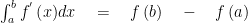 \int _{ a }^{ b }{ f^{ ' }\left( x \right) } dx\quad =\quad f\left( b \right) \quad -\quad f\left( a \right) 