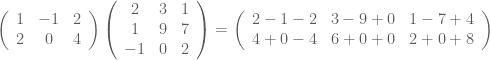 \left(\begin{array}{ccc}1 & -1 &2\\ 2 & 0 & 4\end{array}\right)\left(\begin{array}{ccc} 2 & 3 & 1\\ 1 & 9 & 7\\ -1 & 0 &2\end{array}\right)=\left(\begin{array}{ccc}2-1-2 & 3-9+0& 1-7+4\\ 4+0-4 & 6+0+0 & 2+0+8 \end{array}\right)