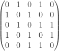 \left( \begin{matrix} 0 & 1 & 0 & 1 & 0 \\ 1 & 0 & 1 & 0 & 0 \\ 0 & 1 & 0 & 1 & 1 \\ 1 & 0 & 1 & 0 & 1 \\ 0 & 0 & 1 & 1 & 0 \end{matrix} \right) 