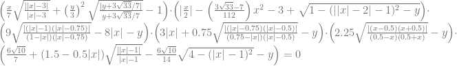 \left( \frac{x}{7} \sqrt{\frac{||x| - 3|}{|x| - 3}} + \left(\frac{y}{3}\right) ^2 \sqrt{\frac{| y+3\sqrt{33} / 7|}{y+3\sqrt{33} / 7}} - 1 \right) \cdot \left( \vert \frac{x}{2} \vert - \left( \frac{3\sqrt{33} - 7}{112}\right) x^2 - 3 + \sqrt{1 - (\vert |x| - 2\vert - 1)^2 - y} \right) \cdot \left( 9\sqrt{\frac{|(|x|-1)(|x|-0.75)|}{(1-|x|)(|x| - 0.75)}} -8|x| - y \right) \cdot \left( 3|x| + 0.75 \sqrt{\frac{|(|x|-0.75)(|x|-0.5)|}{(0.75-|x|)(|x|-0.5)}} - y \right) \cdot \left( 2.25\sqrt{\frac{|(x-0.5)(x+0.5)|}{(0.5-x)(0.5+x)}} - y \right) \cdot \left(\frac{6\sqrt{10}}{7} + (1.5 - 0.5|x|) \sqrt{\frac{||x|-1|}{|x|-1}} - \frac{6 \sqrt{10}}{14} \sqrt{4-(|x|-1)^2} - y \right) = 0 