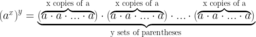 \left(a^{x}\right)^{y} = \underbrace{ ( \overbrace{a \cdot a \cdot ... \cdot a}^\text{x copies of a} ) \cdot ( \overbrace{a \cdot a \cdot ... \cdot a}^\text{x copies of a} ) \cdot ... \cdot ( \overbrace{a \cdot a \cdot ... \cdot a}^\text{x copies of a} )}_\text{y sets of parentheses}  