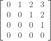 \left[\begin{array}{cccc} 0 & 1 & 2 & 3 \\ 0 & 0 & 1 & 2 \\ 0 & 0 & 0 & 1 \\ 0 & 0 & 0 & 0 \\ \end{array} \right] 