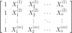 \left[\begin{array}{ccccc} 1 & X_{1}^{(1)} & X_{2}^{(1)} & \cdots & X_{n}^{(1)}\\ 1 & X_{1}^{(2)} & X_{2}^{(2)} & \cdots & X_{n}^{(2)}\\ \vdots & \vdots & \vdots & \ddots & \vdots\\ 1 & X_{1}^{(m)} & X_{2}^{(m)} & \cdots & X_{n}^{(m)}\end{array}\right]