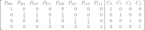\left[\begin{array}{rrrrrrrr|rrrr} P_{000} & P_{001} & P_{010} & P_{011} & P_{100} & P_{101} & P_{110} & P_{111} &    C_0 & C_1 & C_2 & C_3 \\ 1 & 0 & 0 & 0 & 0 & 0 & 0 & 0 &    1 & 0 & 0 & 0 \\ 0 & \frac{1}{3} & \frac{1}{3} & 0 & \frac{1}{3} & 0 & 0 & 0 &    0 & 1 & 0 & 0 \\ 0 & 0 & 0 & \frac{1}{3} & 0 & \frac{1}{3} & \frac{1}{3} & 0 &    0 & 0 & 1 & 0 \\ 0 & 0 & 0 & 0 & 0 & 0 & 0 & 1 &    0 & 0 & 0 & 1 \\ \end{array}\right] 