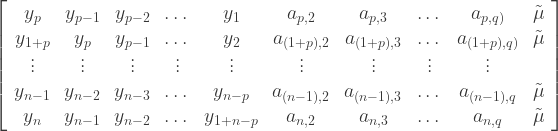 \left[ \begin{array} {cccccccccc} y_{p} & y_{p-1} & y_{p-2} & \dots & y_{1} & a_{p,2} & a_{p,3} & \dots & a_{p,q)} & \tilde{\mu} \\ y_{1+p} & y_{p} & y_{p-1} & \dots & y_{2} & a_{(1+p),2} & a_{(1+p),3} & \dots & a_{(1+p),q)} & \tilde{\mu} \\ \vdots & \vdots & \vdots & \vdots & \vdots & \vdots & \vdots & \vdots & \vdots \\ y_{n-1} & y_{n-2} & y_{n-3} & \dots & y_{n-p} & a_{(n-1),2} & a_{(n-1),3} & \dots & a_{(n-1),q} & \tilde{\mu} \\ y_{n} & y_{n-1} & y_{n-2} & \dots & y_{1+n-p} & a_{n,2} & a_{n,3} & \dots & a_{n,q} & \tilde{\mu} \\ \end{array} \right]