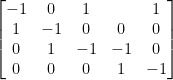 \left[ \begin{matrix} -1 & 0 & 1 &  & 1 \\ 1 &-1&0&0&0 \\ 0&1&-1&-1&0 \\ 0&0&0&1&-1 \\ \end{matrix} \right]