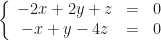 \left\{\begin{array}{ccc}-2x+2y+z&=&0\\-x+y-4z&=&0\end{array}\right.