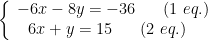 \left\{\begin{array}{l}-6x-8y=-36 \hspace{20pt} (1 \ eq.)\\ \hspace{8pt} 6x+y=15\hspace{20pt} (2 \ eq.)\end{array}\right.