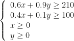\left\{\begin{array}{l}0.6x+0.9y\geq210\\0.4x+0.1y\geq100\\x\geq0\\y\geq0\end{array}\right.