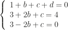 \left\{\begin{array}{l}1+b+c+d=0\\3+2b+c=4\\3-2b+c=0\end{array}\right.