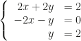 \left\{\begin{array}{rl}2x+2y&=2\\-2x-y&=0\\y&=2\end{array}\right.