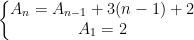 \left\{\begin{matrix} A_{n}=A_{n-1}+3(n-1)+2 \\ A_{1}=2 \end{matrix}\right.