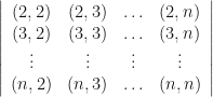 \left|\begin{array}{cccc} (2,2) & (2,3) & \ldots & (2,n) \\ (3,2) & (3,3) & \ldots & (3,n) \\ \vdots & \vdots & \vdots & \vdots \\ (n,2) & (n,3) & \ldots & (n,n) \end{array} \right|