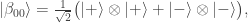 \left|\beta_{00}\right> = \frac{1}{\sqrt{2}} \bigl( \left|+\right>\otimes\left|+\right> + \left|-\right>\otimes\left|-\right>\bigr),