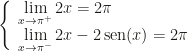 \left \{\begin{array}{l}\displaystyle \lim_{x\rightarrow \pi^+}2x=2\pi \\\displaystyle \lim_{x\rightarrow \pi^-}2x-2\,\mbox{sen}(x)=2\pi\end{array}\right .