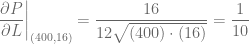 \left. \dfrac{\partial P}{\partial L} \right|_{(400,16)} = \dfrac{16}{12\sqrt{(400)\cdot(16)}} = \dfrac{1}{10}
