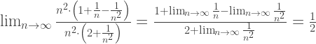 \lim_{n\rightarrow\infty} \frac{n^2\cdot\left(1+\frac{1}{n}-\frac{1}{n^2}\right)}{n^2\cdot\left(2+\frac{1}{n^2}\right)} = \frac{1+\lim_{n\rightarrow\infty}\frac{1}{n}-\lim_{n\rightarrow\infty}\frac{1}{n^2}}{2+\lim_{n\rightarrow\infty}\frac{1}{n^2}} = \frac{1}{2}