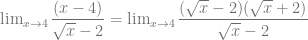 \lim_{x \to 4} \dfrac{(x-4)}{\sqrt{x}-2} = \lim_{x \to 4} \dfrac{(\sqrt{x}-2)(\sqrt{x}+2)}{\sqrt{x}-2}