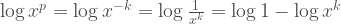 \log{x^p} =\log{x^{-k}} = \log{1 \over x^{k}} = \log{1}-\log{x^k}