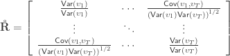 \mathbf{\mathring{R}} = \left[ \begin{array}{ccc} \frac{\mathsf{Var}(\upsilon_1)}{\mathsf{Var}(\upsilon_1)} & \cdots & \frac{\mathsf{Cov}(\upsilon_1,\upsilon_T)}{\left(\mathsf{Var}(\upsilon_1)\mathsf{Var}(\upsilon_T)\right)^{1/2}} \\ \vdots & \ddots & \vdots \\ \frac{\mathsf{Cov}(\upsilon_1,\upsilon_T)}{\left(\mathsf{Var}(\upsilon_1)\mathsf{Var}(\upsilon_T)\right)^{1/2}} & \cdots & \frac{\mathsf{Var}(\upsilon_T)}{\mathsf{Var}(\upsilon_T)} \end{array}\right]