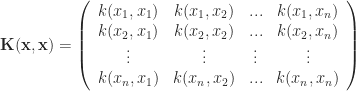 \mathbf{K(x,x)} = \left( \begin{array}{cccc} k(x_1,x_1) & k(x_1,x_2) & ... & k(x_1,x_n) \\ k(x_2,x_1) & k(x_2,x_2) & ... & k(x_2,x_n) \\ \vdots & \vdots & \vdots & \vdots \\ k(x_n,x_1) & k(x_n,x_2) & ... & k(x_n,x_n)  \end{array} \right) 
