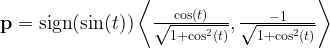 \mathbf{p} = \text{sign}(\sin(t)) \left \langle \frac{\cos(t)}{\sqrt{1 + \cos^2(t)}}, \frac{-1}{\sqrt{1 + \cos^2(t)}} \right \rangle