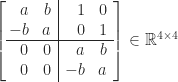 \notag     \left[\begin{array}{@{\mkern3mu}rr|rr@{\mkern7mu}}          a & b & 1 & 0 \\         -b & a & 0 & 1 \\\hline          0 & 0 & a & b \\          0 & 0 &-b & a          \end{array}\right]  \in\mathbb{R}^{4 \times 4} 