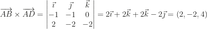 \overrightarrow{AB}\times\overrightarrow{AD}=\begin{vmatrix}\vec\imath&\vec\jmath&\vec k\\-1&-1&0\\2&-2&-2\end{vmatrix}=2\vec\imath+2\vec k+2\vec k-2\vec\jmath=(2,-2,4)