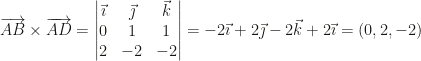 \overrightarrow{AB}\times\overrightarrow{AD}=\begin{vmatrix}\vec\imath&\vec\jmath&\vec k\\0&1&1\\2&-2&-2\end{vmatrix}=-2\vec\imath+2\vec\jmath-2\vec k+2\vec\imath=(0,2,-2)
