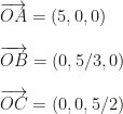 \overrightarrow{OA}=(5,0,0)\\\\\overrightarrow{OB}=(0,5/3,0)\\\\\overrightarrow{OC}=(0,0,5/2)