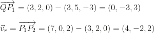 \overrightarrow{QP_1}=(3,2,0)-(3,5,-3)=(0,-3,3)\\\\\vec v_r=\overrightarrow{P_1P_2}=(7,0,2)-(3,2,0)=(4,-2,2)
