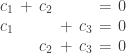 \setlength\arraycolsep{0.2em}\begin{array}{rcrcrcl}c_1&+&c_2&&&=&0 \\ c_1&&&+&c_3&=&0 \\ &&c_2&+&c_3&=&0 \end{array}
