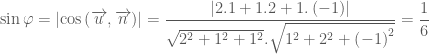 \sin \varphi  = \left| {\cos \left( {\overrightarrow u ,\overrightarrow n } \right)} \right| = \dfrac{{\left| {2.1 + 1.2 + 1.\left( { - 1} \right)} \right|}}{{\sqrt {{2^2} + {1^2} + {1^2}} .\sqrt {{1^2} + {2^2} + {{\left( { - 1} \right)}^2}} }} = \dfrac{1}{6}