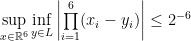 \sup\limits_{x\in {\mathbb R}^6} \inf\limits_{y\in L} \left|\prod\limits_{i=1}^6(x_i-y_i)\right|\leq 2^{-6}