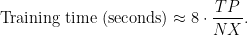 \text{Training time (seconds)} \approx 8 \cdot \dfrac{TP}{NX}.