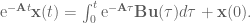 \textrm{e}^{-\textbf{A}t}\textbf{x}(t) = \int_0^t\textrm{e}^{-\textbf{A}\tau}\textbf{B}\textbf{u}(\tau) d \tau + \textbf{x}(0).