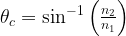 \theta_c=\sin^{-1}\left(\frac{n_2}{n_1}\right)