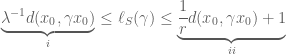 \underbrace{ \lambda^{-1}d(x_0,\gamma x_0)}_{i} \leq \ell_S(\gamma)\leq \underbrace{ \frac{1}{r}d(x_0,\gamma x_0) + 1}_{ii}