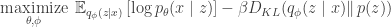 \underset{\theta,\phi}{\text{maximize}}\:\:\mathbb{E}_{q_\phi(z\mid x)}\left[\log p_\theta(x\mid z)\right]-\beta D_{KL}(q_\phi(z\mid x)\Vert\, p(z))