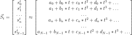 \vec{S_t} = \begin{bmatrix} s^t_{0} \\ s^t_{1} \\ \dots \\ s^t_{n} \\ \dots \\ s^t_{N-1} \end{bmatrix} \approx \begin{bmatrix} a_0 + b_0*t + c_0*t^2 + d_0*t^3 + \dots \\ a_1 + b_1*t + c_1*t^2 + d_1*t^3 + \dots \\ \dots \\ a_n + b_n*t + c_n*t^2 + d_n*t^3 + \dots \\ \dots \\ a_{N-1} + b_{N-1}*t + c_{N-1}*t^2 + d_{N-1}*t^3 + \dots \end{bmatrix}