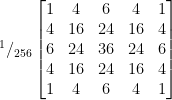 ^1 / _{256} \begin{bmatrix}   1 & 4 & 6 & 4 & 1 \\   4 & 16 & 24 & 16 & 4 \\   6 & 24 & 36 & 24 & 6 \\   4 & 16 & 24 & 16 & 4 \\   1 & 4 & 6 & 4 & 1  \end{bmatrix}