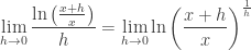 {\displaystyle \lim_{h\rightarrow0}\frac{\ln\left(\frac{x+h}{x}\right)}{h}=\lim_{h\rightarrow0}\ln\left(\frac{x+h}{x}\right)^{\frac{1}{h}}}