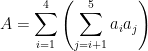 {\displaystyle A=\sum_{i=1}^4\left(\sum_{j=i+1}^5 a_ia_j\right)}