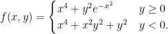 {\displaystyle f(x,y)=\begin{cases} x^{4}+y^{2}e^{-x^{2}} & y\ge 0\\ x^{4}+x^{2}y^{2}+y^{2} & y<0. \end{cases}}