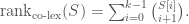 {\mathrm{rank}}_{\text{co-lex}}(S) = \sum_{i=0}^{k-1} \binom{S[i]}{i+1}.