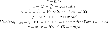  \begin{matrix}  T=0,1s\\  w=\frac{2\pi}{T}  = \frac{2\pi}{0,1} = 20\pi rad/s\\  \gamma=\frac{1}{T}=\frac{1}{0,1}=10 vueltas/s  \text{Para t=100}\\  \varphi=20\pi \cdot 100 = 2000\pi rad\\  Vueltas_{t=100s}=\gamma \cdot 100 = 10 \cdot 100 = 1000vueltas  \text{Para r=0,05m}\\  v=w\cdot r = 20\pi \cdot 0,05 = \pi m/s  \end{matrix}  