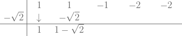  \large {\begin{array}{r|ccccc}   & \ \ 1 \ \ & \ \ 1 \ \ & \ \ -1 \ \ & \ \ -2 \ \ & \ \ -2 \ \ \\ -\sqrt{2} & \downarrow & -\sqrt{2} & & &  \\ \hline   & 1  & 1 -\sqrt{2} & & & \end{array}} 