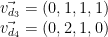    \vec{v_{d_3}} = (0, 1, 1, 1) \\   \vec{v_{d_4}} = (0, 2, 1, 0)   