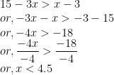15-3x > x-3 \\    or, -3x-x > -3-15 \\    or, -4x > -18 \\    or, \dfrac{-4x}{-4} > \dfrac{-18}{-4} \\    or, x< 4.5 